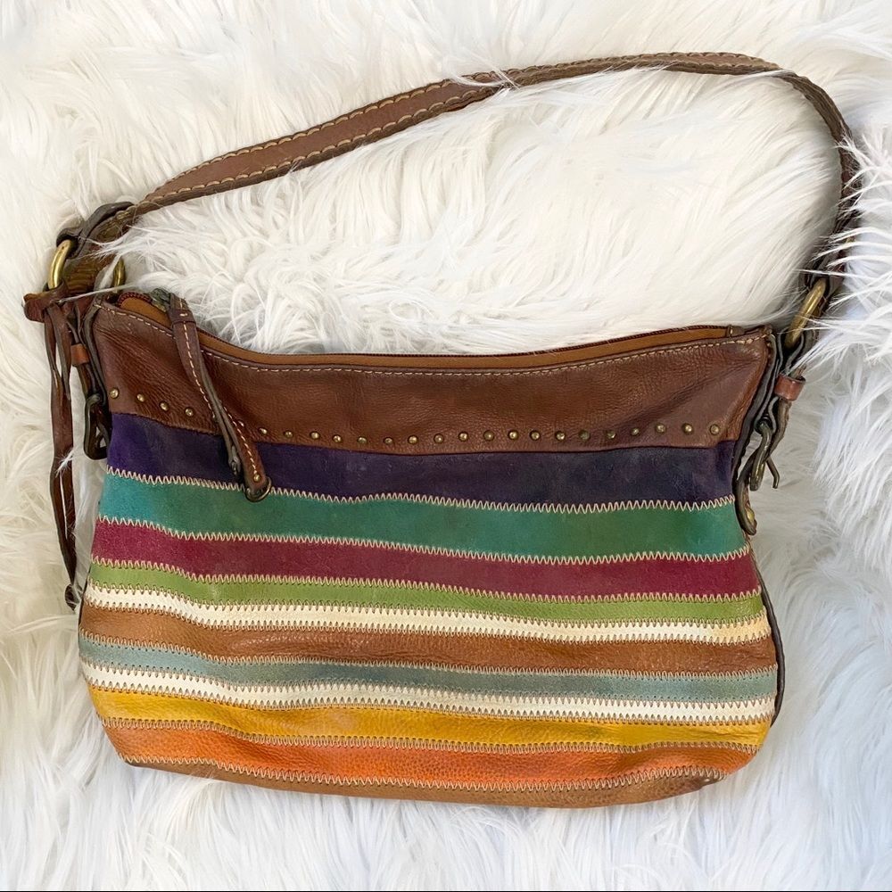 Fossil patchwork suede $ leather multi hobo bag